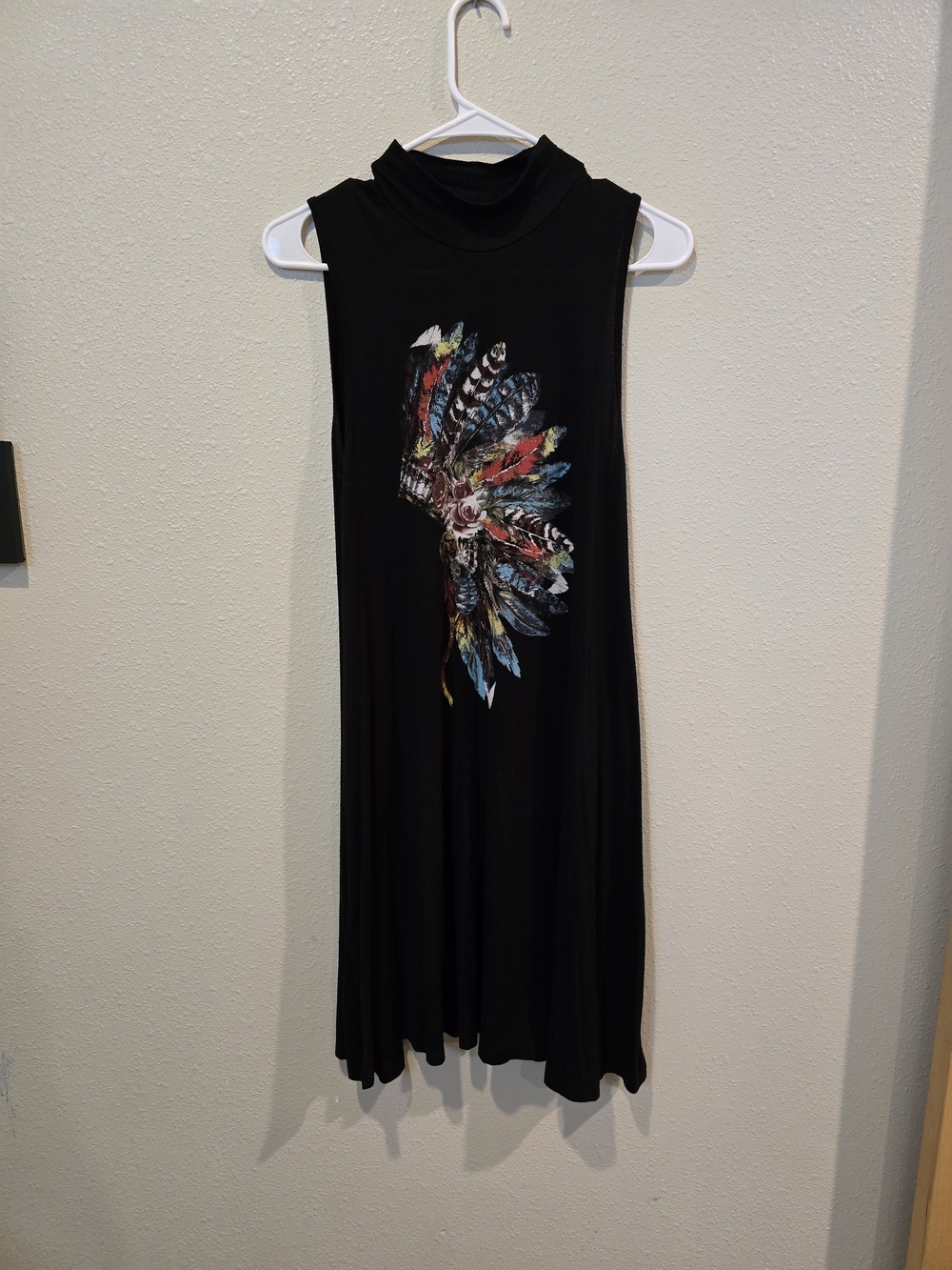 Black Sleeveless Maxi Dress with Colorful Feather Motif